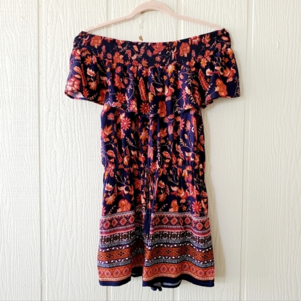 Band Of Gypsies Bare Shoulder Tassel Tie Waist Boho Floral Print Romper Small